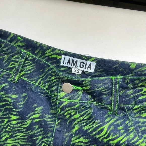 I AM GIA blue denim green zebra animal cargo wide leg pants jeans